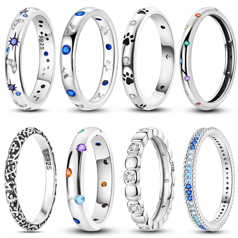 Rings 925 Silver Star Moon Colorful Sparkling Zircon Simple Rings For Women Exquisite Wedding Engagement Birthday Jewelry Gifts
