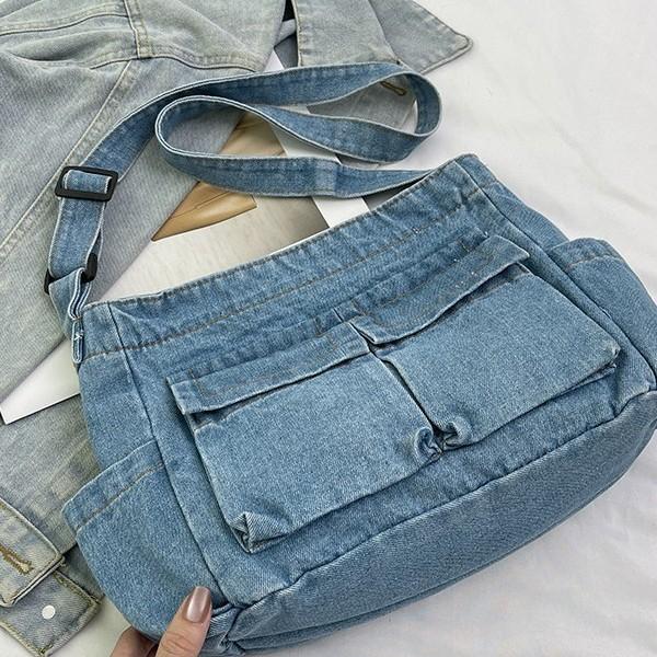 

Джинсовая сумка через плечо винтажная большая вместительная сумка кроссбоди светло-синий