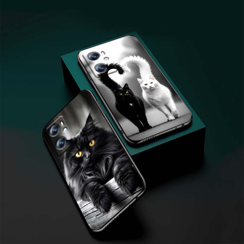 Anime cartoon cat illustration For OPPO Reno 5 6 7 A96 A40 A58 Realme GT A74 A78 Neo2 A74 A78 Find X5 X3 X7 X8 Black Phone Case