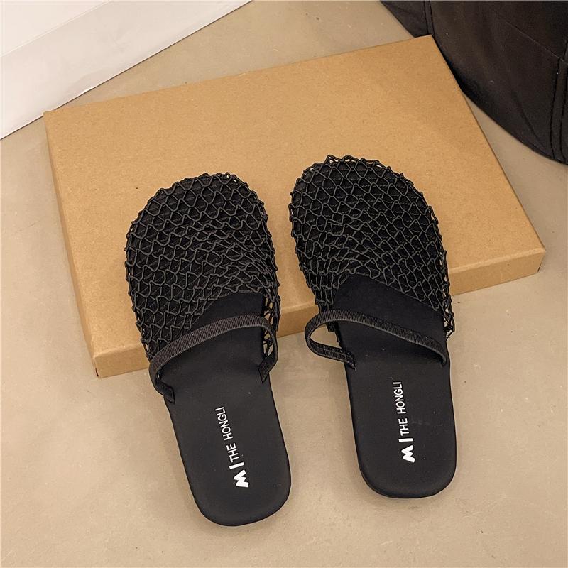 Fashion French Style Mesh Trimming Soft-soled Slippers for Women 2025 Summer New Outdoor Beach Vacation Rome Semi-slippers Sandals