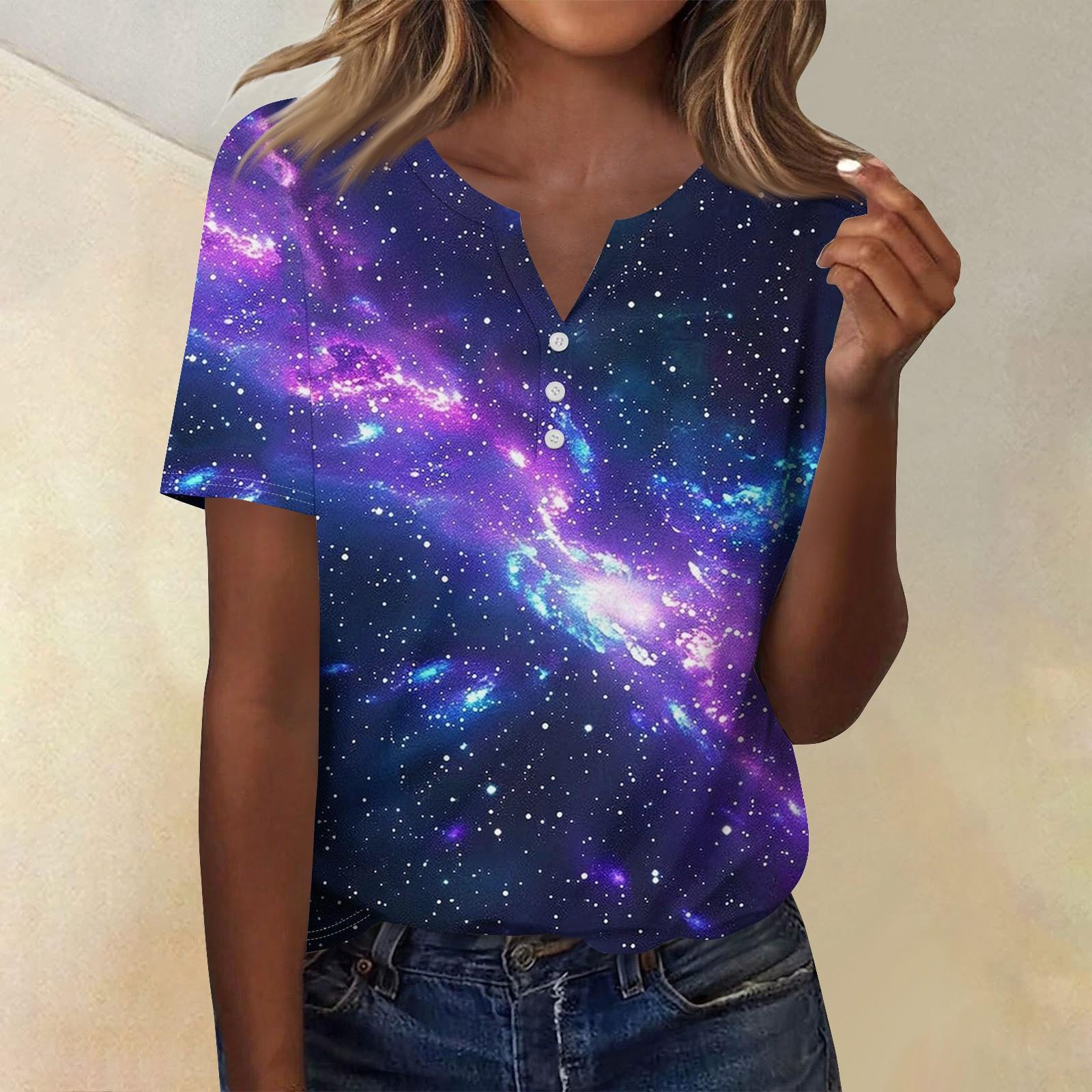 

Женская мода повседневный короткий рукав топ с разрезом по низу и принтом звезд XXL