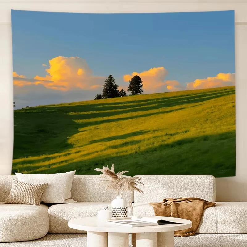 Scenic Hillside Tapestry Golden Field Wall Art Pastoral Landscape Room Decor Serene Landscape Living Room Tapestry