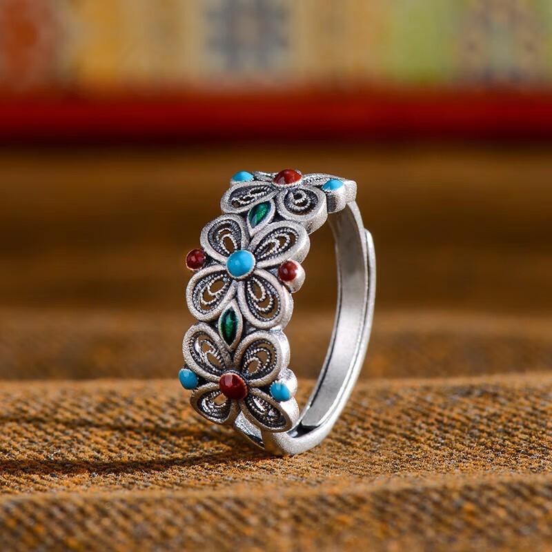 Adjustable Vintage Floral Filigree Enamel Ring Women Men Boho Lucky Clover Design Copper Alloy Band