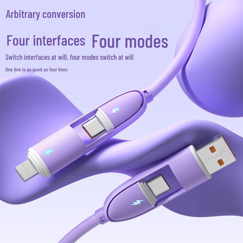 4-in-1 100W Silicone Charging Cable for Apple & Huawei - Type-C Fast Data & Flash Charge