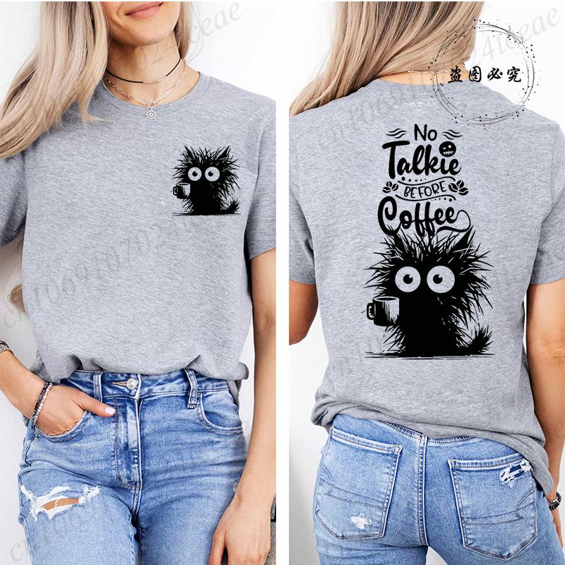 No Talkie Before Coffee Print T-shirt Short Sleeve Casual Top Summer Women Black Cat Kawaii Streetwear Graphic Tees Shirt Tops