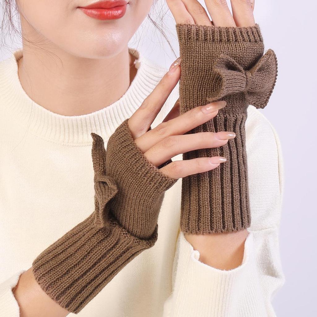 Warme und stilvolle Damen-Halbfinger-Strickhandschuhe mit Schleifendekor für Outdoor-Sportarten wie Skifahren und Radfahren