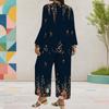 Women Plus Size Round Neck Long Sleeve Floral Printed Layered Top Wide Leg Cropped Pants Two Piece Set