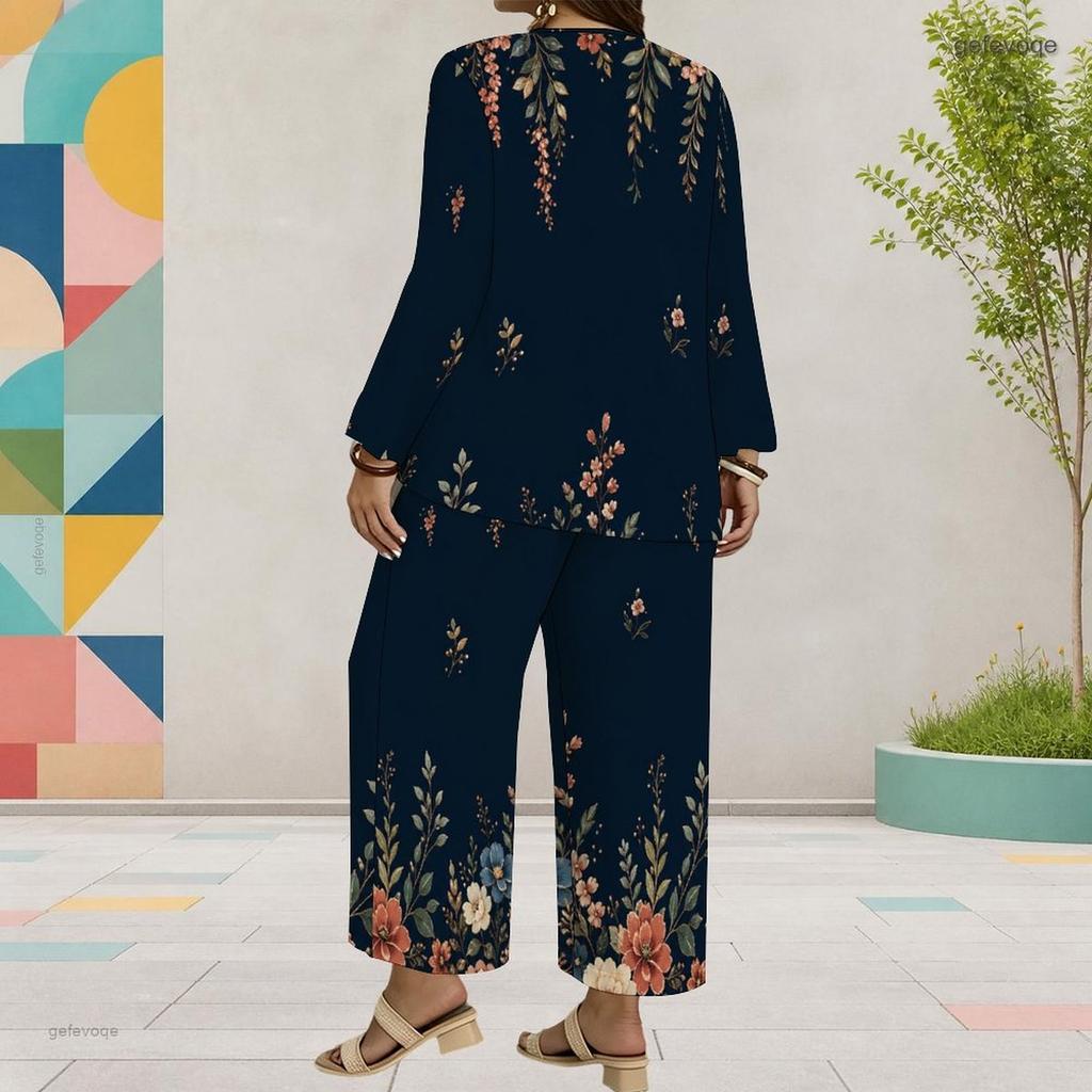 Women Plus Size Round Neck Long Sleeve Floral Printed Layered Top Wide Leg Cropped Pants Two Piece Set