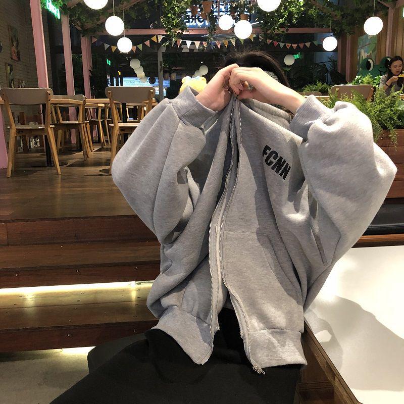 2022 Autumn/Winter Women's Korean Style Letter Print Fleece Zip-Up Hooded Cardigan