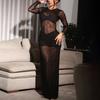 European and American Women's Clothing Autumn New Solid Color Sexy Hollow Mesh Shrinkage Pleated Splicing Dress