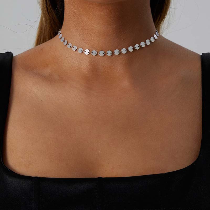 

Fashion Gold Color Round Sequin Choker Necklace For Women Girl Simple Metal Clavicle Chain Charm Necklace Zircon Gift медный