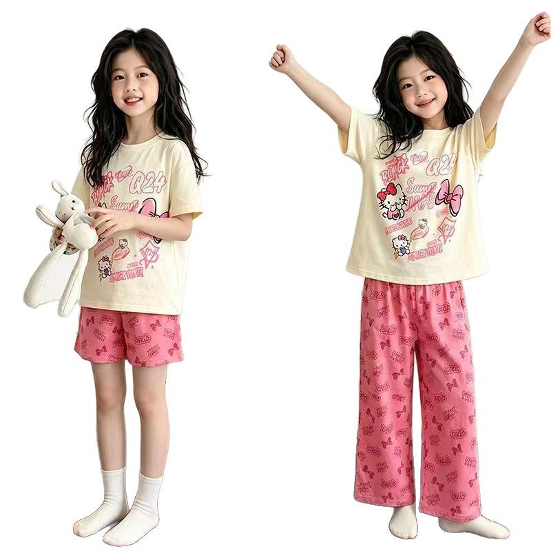 2026 Girls' Summer Pajama Set: Short-Sleeved Top, Shorts, and Three-Piece Homewear for Big Girls