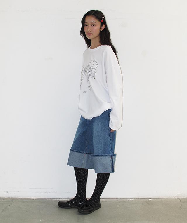 RONRON Dot Ribbon Over Fit Long Sleeve White
