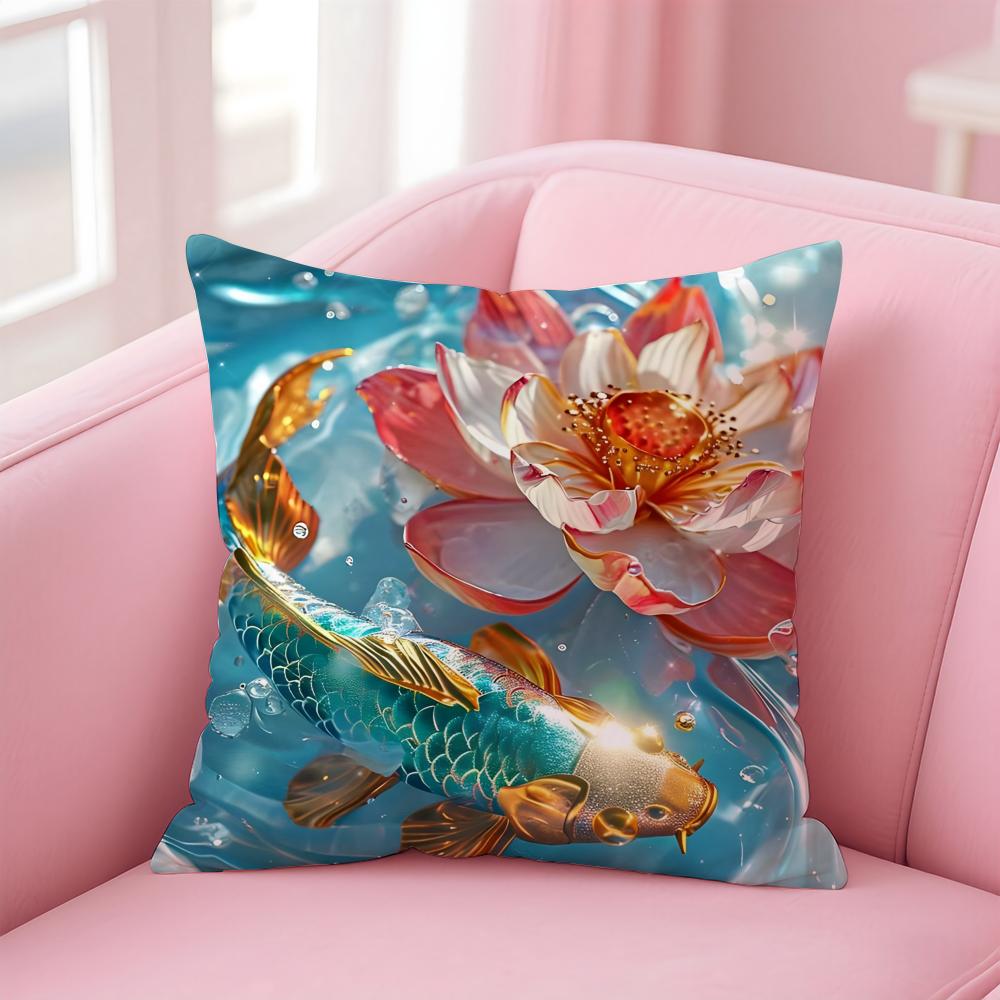 Natural Fun Koi Fish lotus Cushion Cover Pillow Case Soft Skin Friendly Fabric  Concealed Zipper