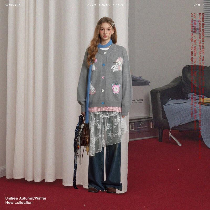 

UNIFREE Women s Retro Cartoon Knit Cardigan One Size