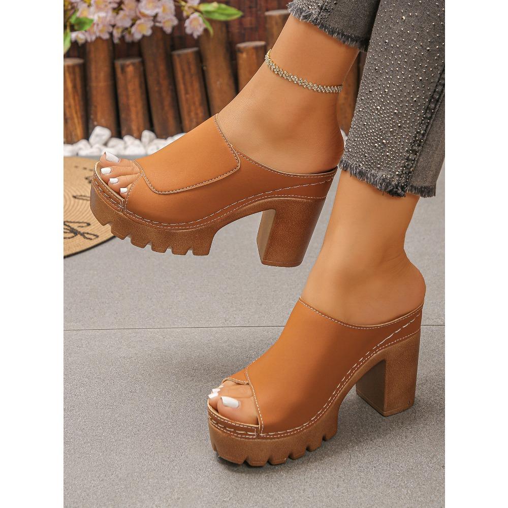 Plus Size Women Summer One Strap Thick Platform Chunky Heel Fish Mouth Slide Sandals Open Toe Height Increasing Beach Outdoor Shoes