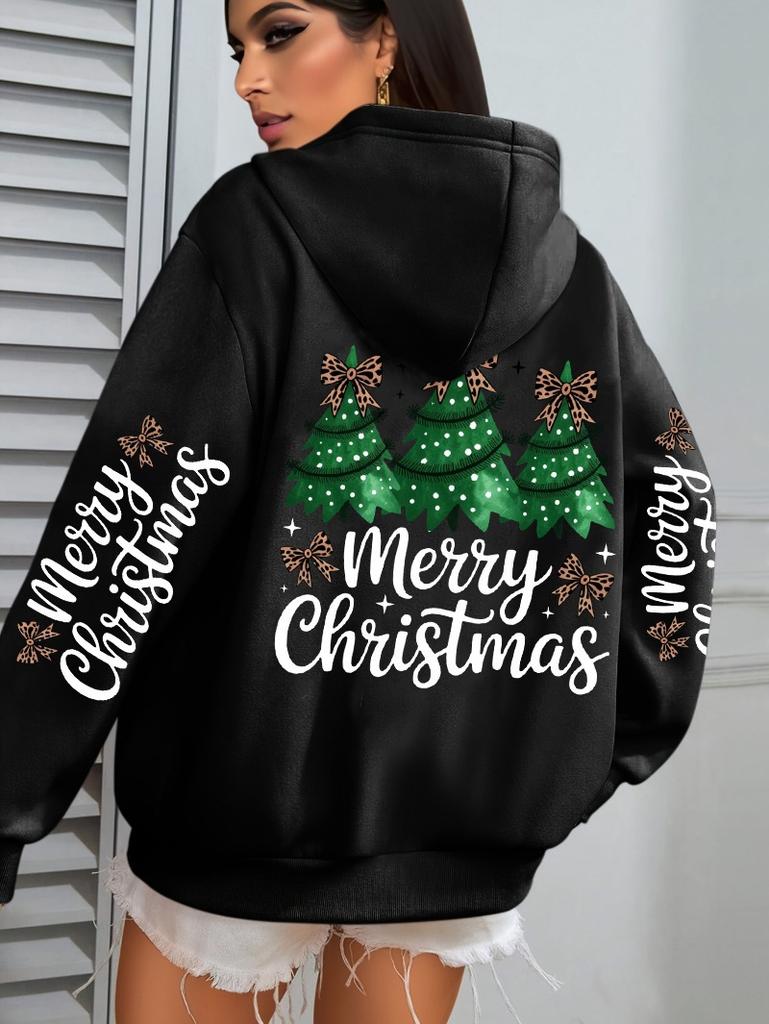 Merry Christmas Bow Tree Print Women'S Hoodie Casual Pocket Jumper Autumn And Winter Hooded Sweater