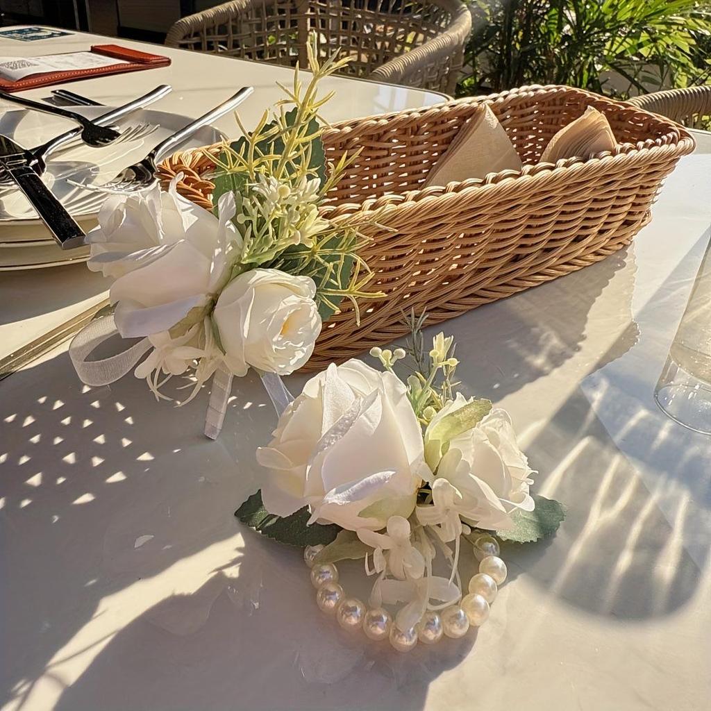 White Forest Style Bridal Party Floral Wrist and Boutonniere Set
