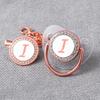 Transparent Rose Gold Letter Baby Pacifier with Diamond Design and Chain Clip