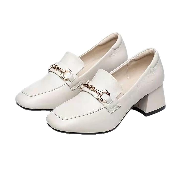 Small Leather Shoes Women's 2025 Autumn New British Style Thick Heel Square Head Comfortable Single Shoes High Heel One Pedal Loafers Women