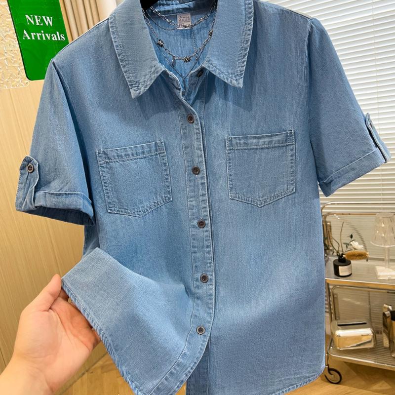 Denim short-sleeved shirt women's 1116 summer new fashion flanged sleeves versatile short-sleeved top women