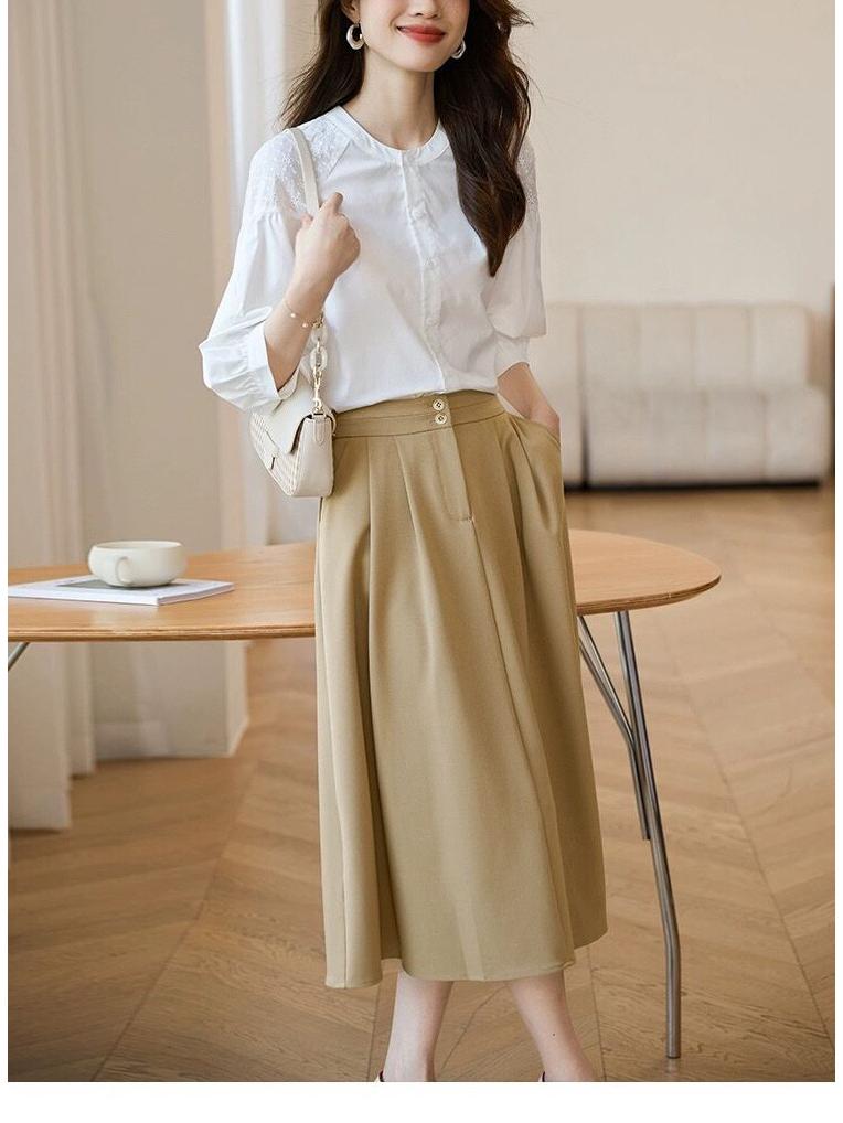 Women's Chic White French Seven-Sleeve Slimming Shirt with Hollow Embroidery - Summer 2025 Collection