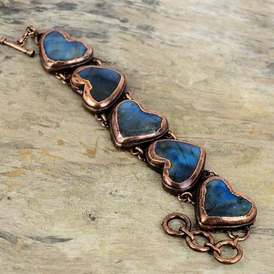 Labradoriet armband, galvanisch gevormde koperen armband, verstelbare schakelarmband, handgemaakte hartvormige armband, edelsteen koperen sieraden, verlovingscadeau