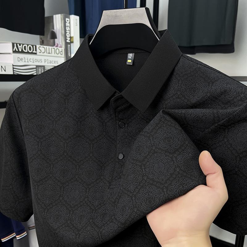 Men's T-shirt Short-sleeved Summer Full-body Printed Waffle Middle-aged Polo Shirt