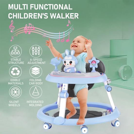 Foldable Baby Walker with Mute Wheels 7 Levels Height Adjustment Children Activity Walker Anti-Rollover Prevent Genu Varum Activity Center