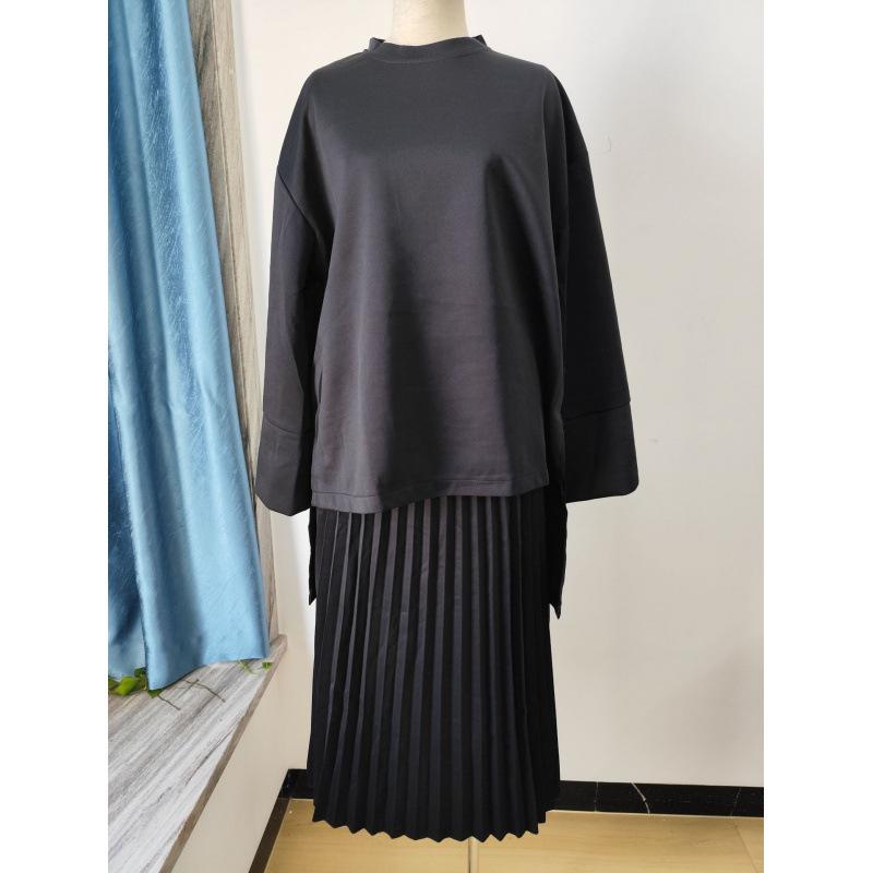 AUT1027392CMP Women Modest Two Piece Set Long Sleeve Loose Top Pleated Maxi Skirt Muslim Abaya Outfit Casual Matching Suit