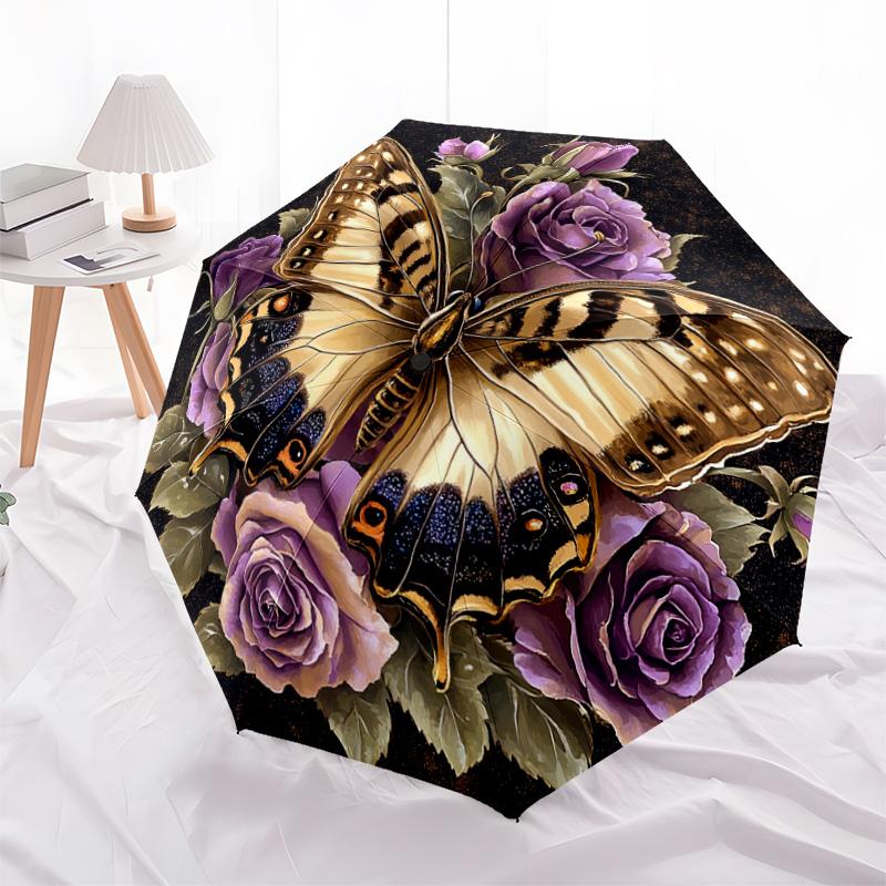1 PC Automatic Folding Umbrella - Butterfly and Roses Pattern, Portable & Foldable Design with 8 Ribs, Christmas Birthday Gifts