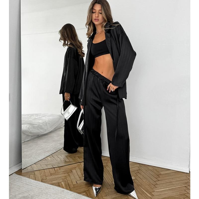 Women V Neck Lace Up Shirt High Waist Straight Pants Casual Two Piece Set
