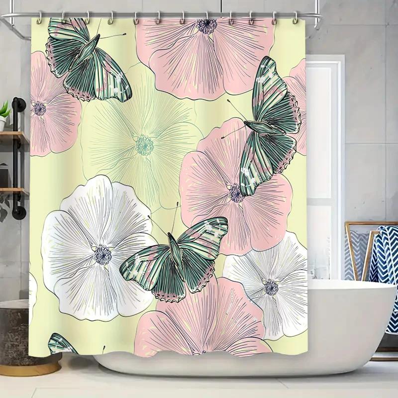 

Bathroom Decor Shower Curtain Floral Butterflies Green Pink Pattern Polyester Waterproof Print for Bathrooms Yellow Background W90xH180cm