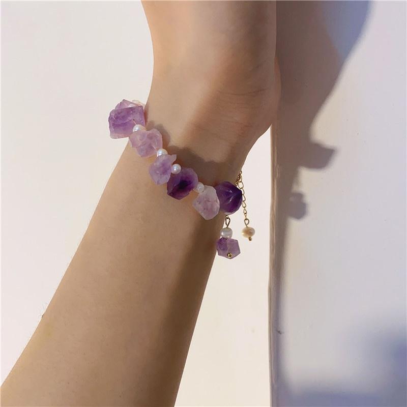 Women Girls Freshwater Pearls Bracelet Irregular Natural Stone Amethysts Purple Crystal Oval Shape Pearl Golden Bangle Jewelry