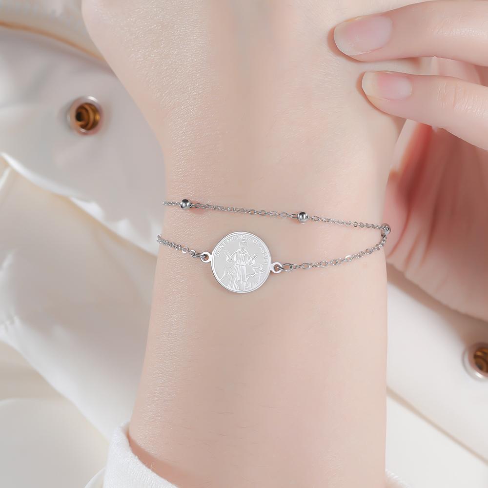 Dawapara Saint Francis of Assisi Coin Bracelet Catholic Patron Animal Advocate Gifts Stainless Steel Charms Religious Jewelry