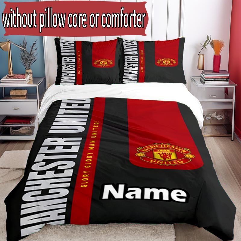 3pcs Duvet Cover Set (1*Duvet Cover + 2*Pillowcase, Without Core), Custom Name Manchester Football F.C Pattern Bedding Set, Home Bedroom Decor Gift