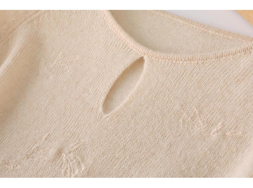 Women's Pure Wool Loose Pullover Sweater - Willow Leaf Embroidered Round Neck Knitwear