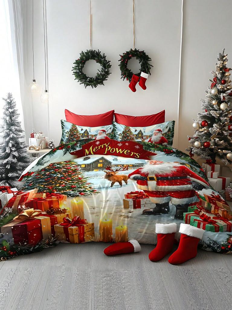 2/3pcs Christmas Tree, Gift, Snowflake, Deer, Santa Claus Pattern Digital Printing Brushed Duvet Cover Set, Soft & Comfortable