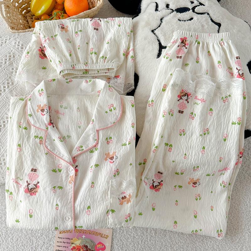 Pastoral Fairy Style Little Girl Summer Short-Sleeved Pajamas Women'S Thin Loungewear Cloud Cotton Three-Piece Set