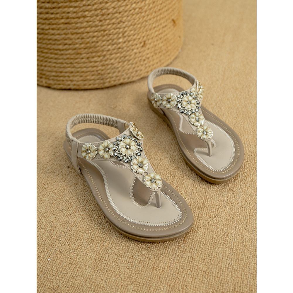 Rutschfeste Sandalen mit flachem Absatz und Strasssteinen Vielseitige Sandalen Blumen-Flachstrand-Schuhe Strassstein Rutschfest