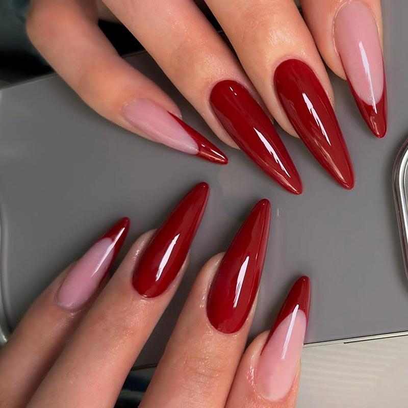 

Red Stiletto French False Nails: Removable, Solid Color Nail Art Pieces