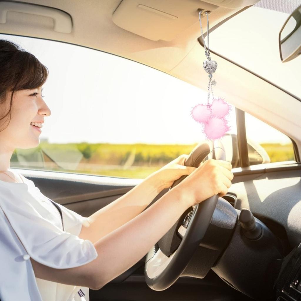 Formemory Car Rearview Mirror Decorative Tassel Bag Mirror Pendant Charm Decoration Accessory Rhinestone Pendant Cute Pom Pom Car Decoration (Pink)