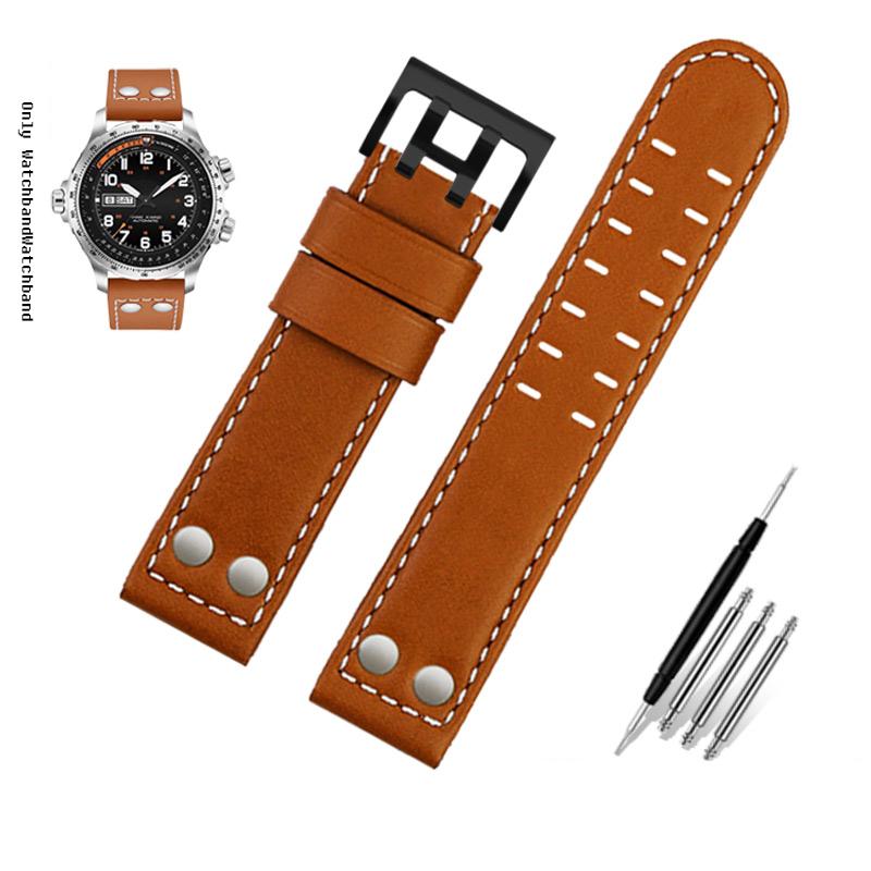 Για Λουράκι Ρολογιού Hamilton Khaki Aviation H77616533 H760250 Field Ανδρικό Γνήσιο Δέρμα Rivet Λουράκι Ρολογιού 20mm 22mm Καφέ Βραχιόλι