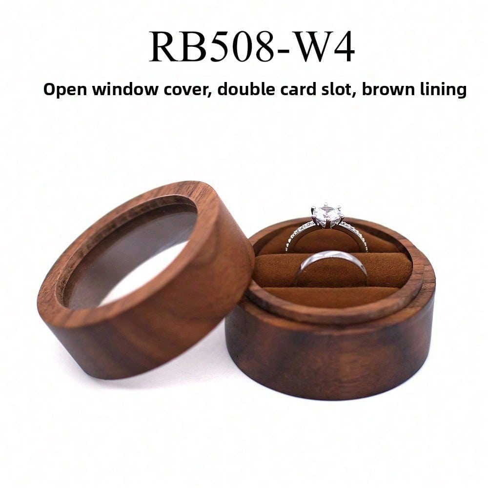 Boîte à Bague Ronde Noyer Noir Fenêtre Échange de Mariage Accessoires de Fiançailles Single box (without jewelry)