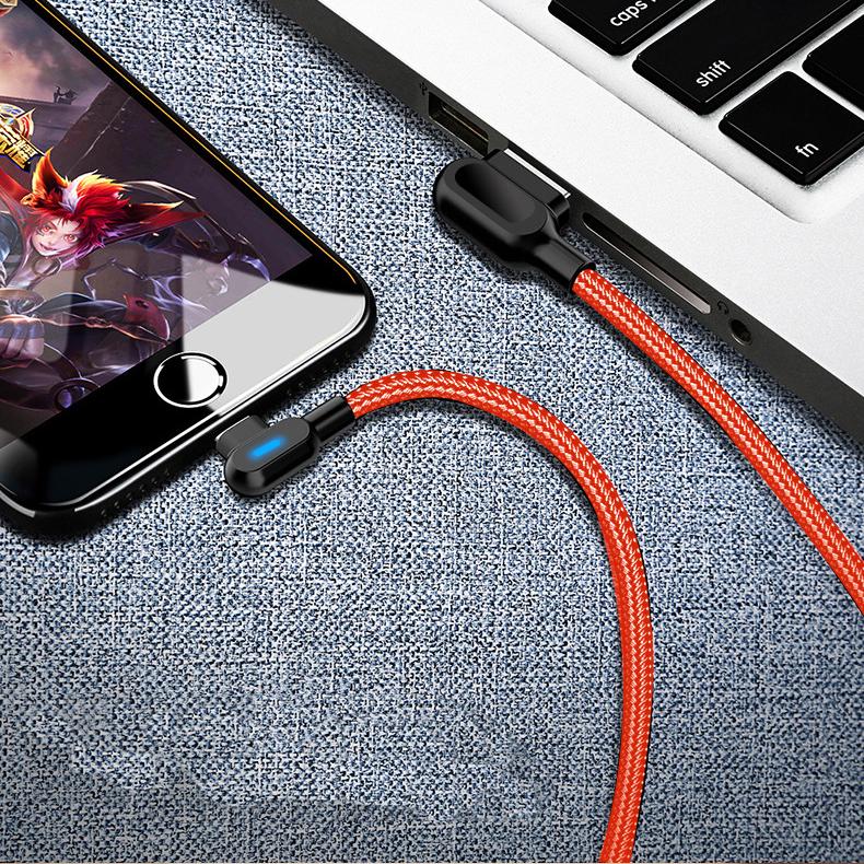 2M Double Bend 90° Right Angle Micro USB Type-c For Apple Interface LED Fast Charging Data Cable