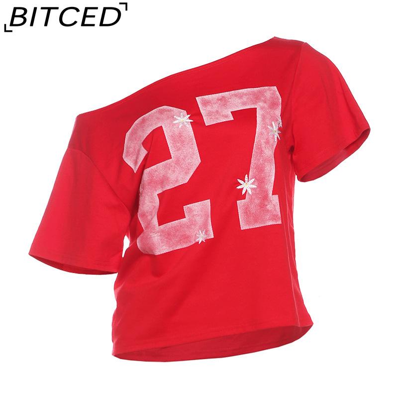 

BITCED Summer Fashion Letter Print Sexy Loose Off-Shoulder Cropped T-Shirt L красный