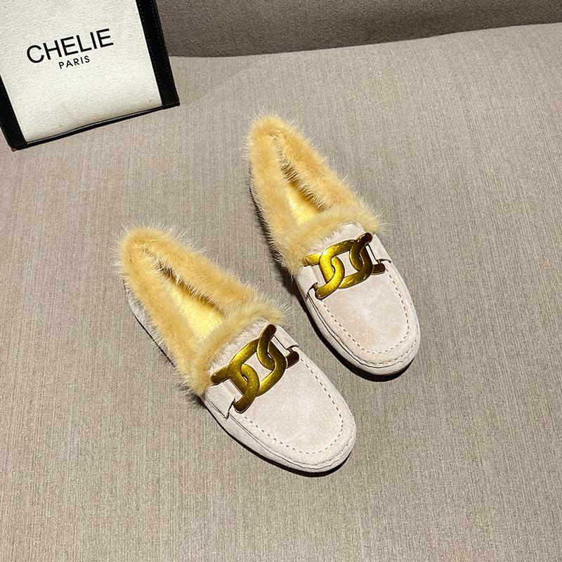 Luksusowe Futrzane Mokasyny Damskie Zimowe Bawełniane Buty Damskie Ciepłe Wsuwane Płaskie Buty do Chodzenia Futrzane Loafersy Buty ze Skóry Świńskiej