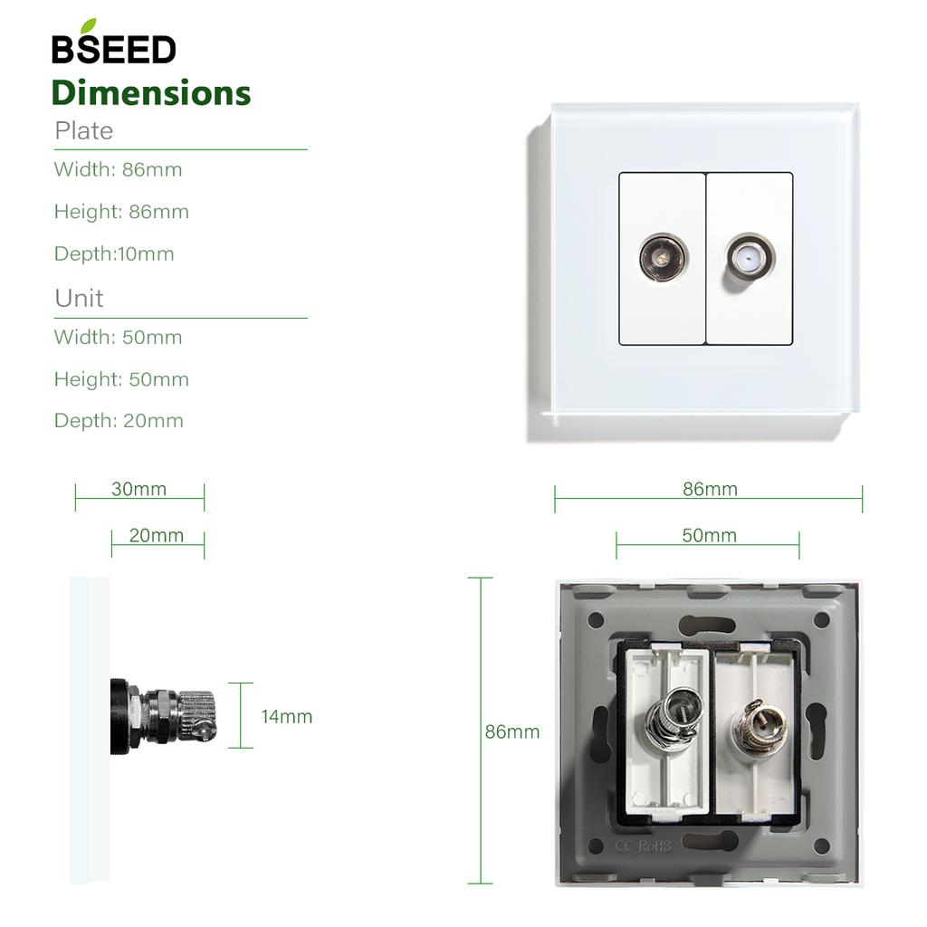 BSEED TV Satellite Wall Socket With Crystal Glass Panel White Black Gold EU Standard 86mm DIY Part For Home Improvement