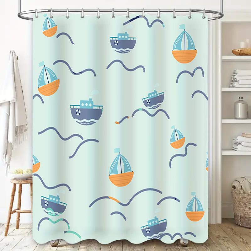 Blue Tones Sailboat Shower Curtain Waterproof Fabric Decorative Bath Accessories for Bathroom Decoration Light Blue