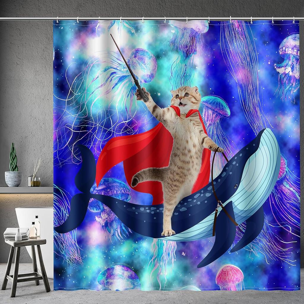 Funny Cat Shower Curtains Cute Cat Riding Whale Shark Fantasy Jellyfish Fun Shower Curtain Set with Kids Bathroom